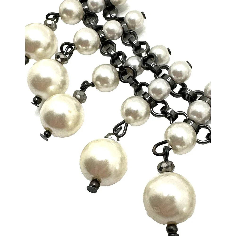 Vintage Faux Pearl Dangle Collar Necklace Black Chain Tribal Choker 14